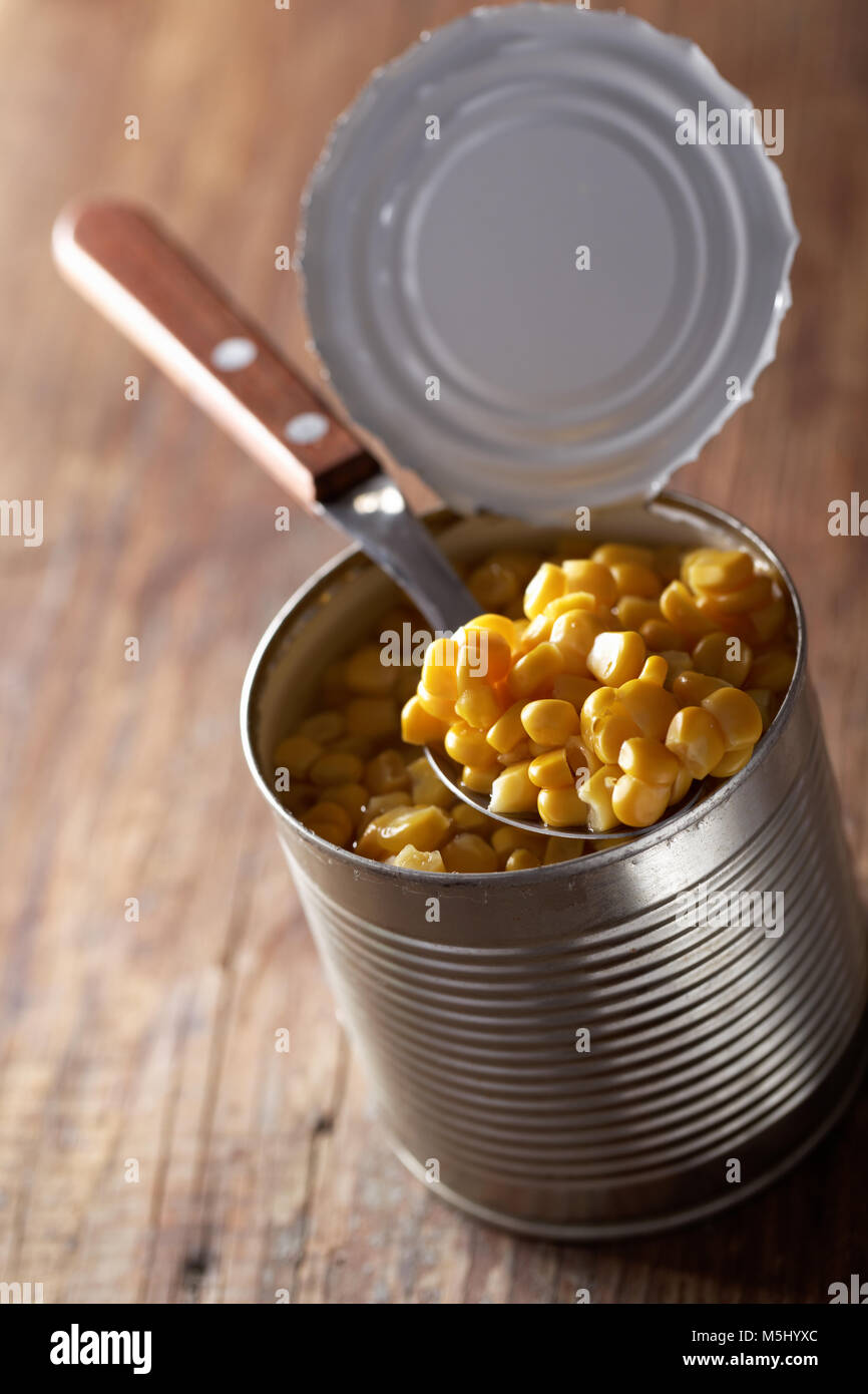 Canned sweet corn in a can closeup Stock Photo - Alamy