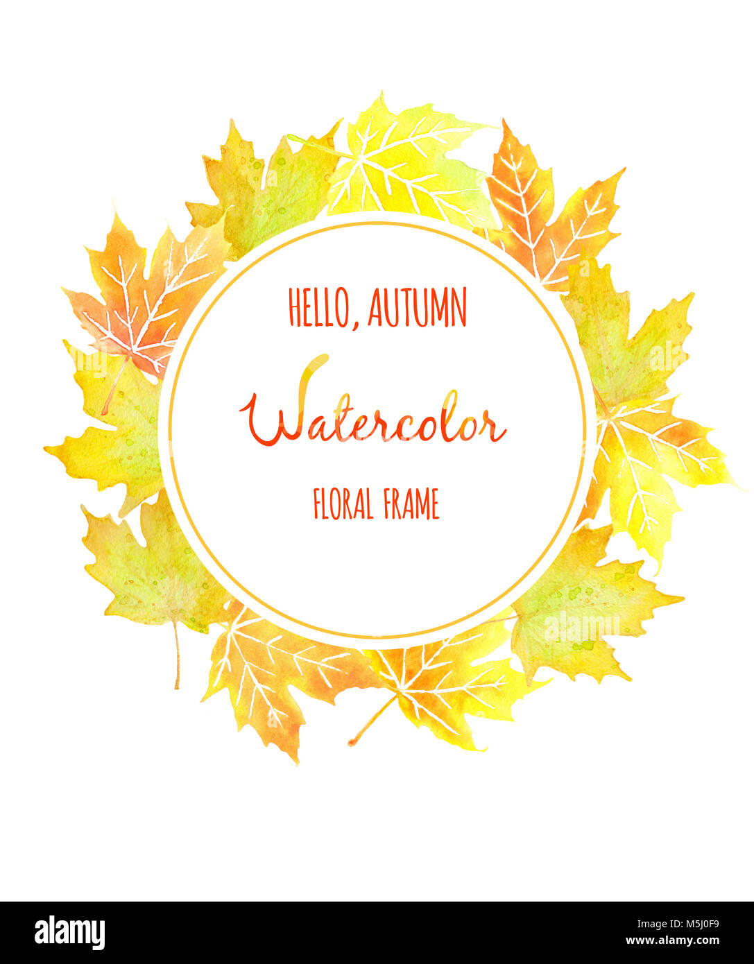 Yellow autumn watercolor maple leaves round frame illustration Stock ...