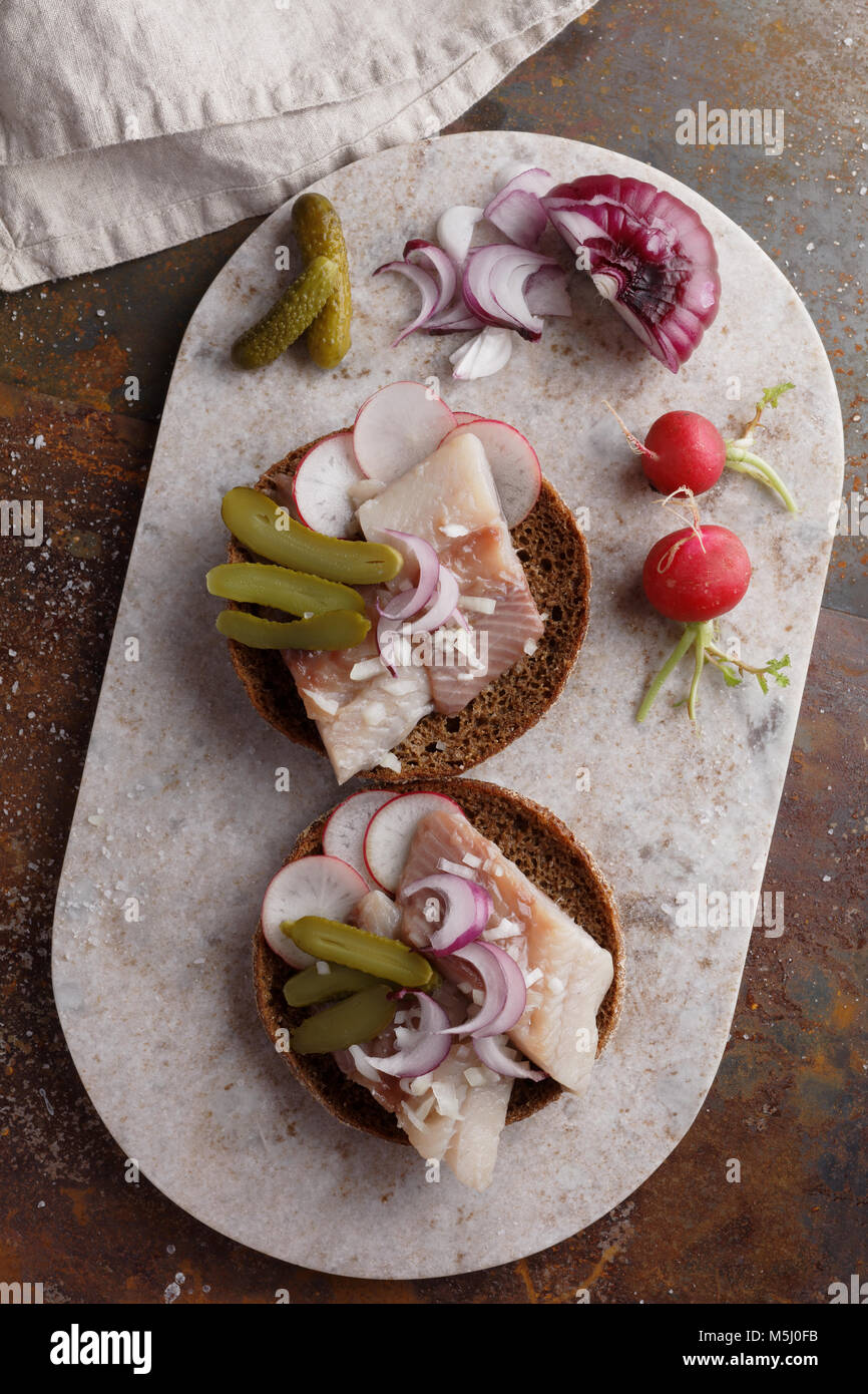 Sandwiches with herring, pickled cucumbers, radish, and onion on a marble cutting board Stock