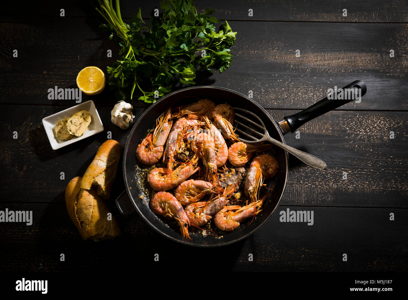 Argentine red shrimps in pan Stock Photo