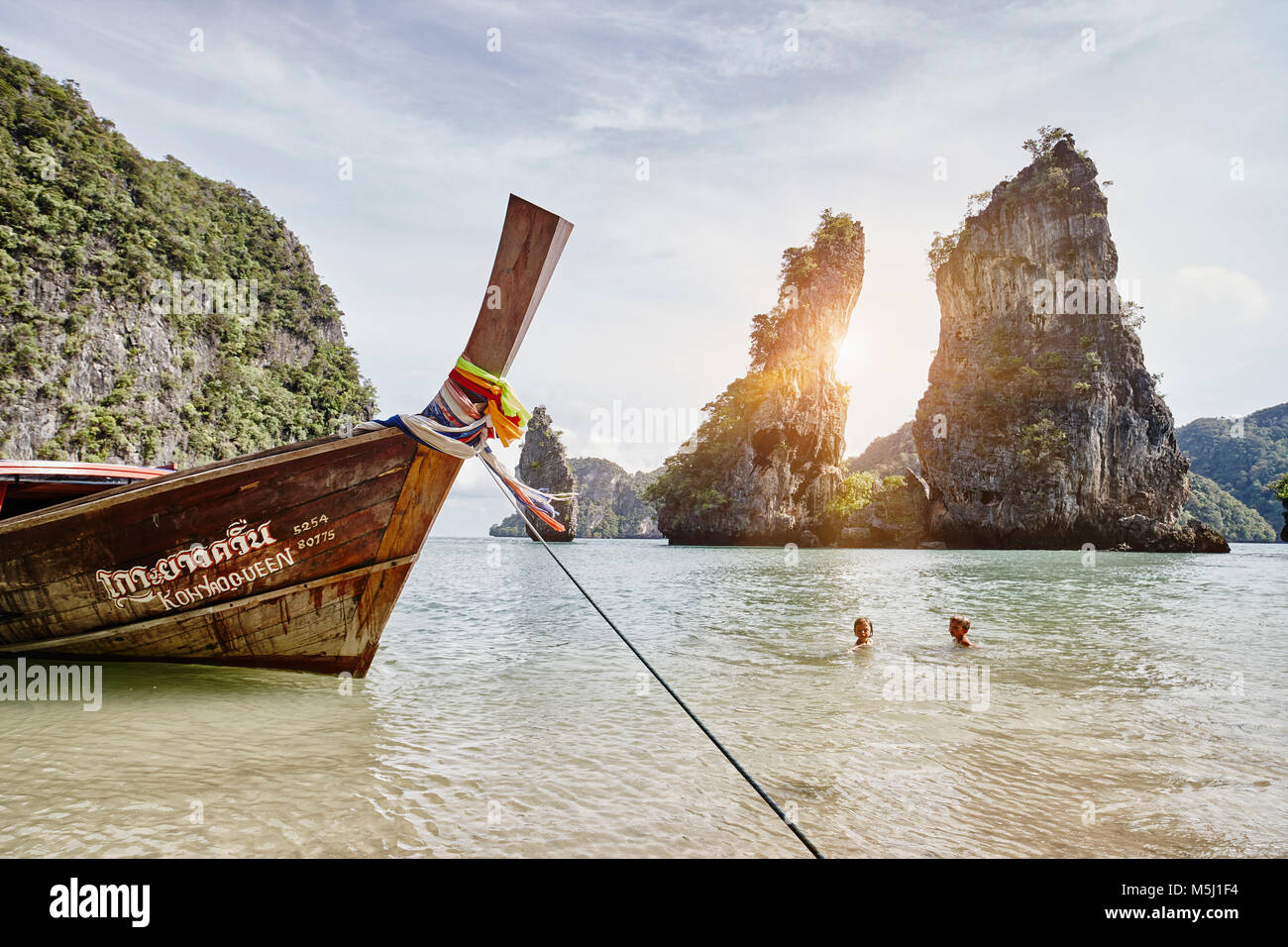 Thailand, Phang Nga Bay, moored long-tail boat Stock Photo