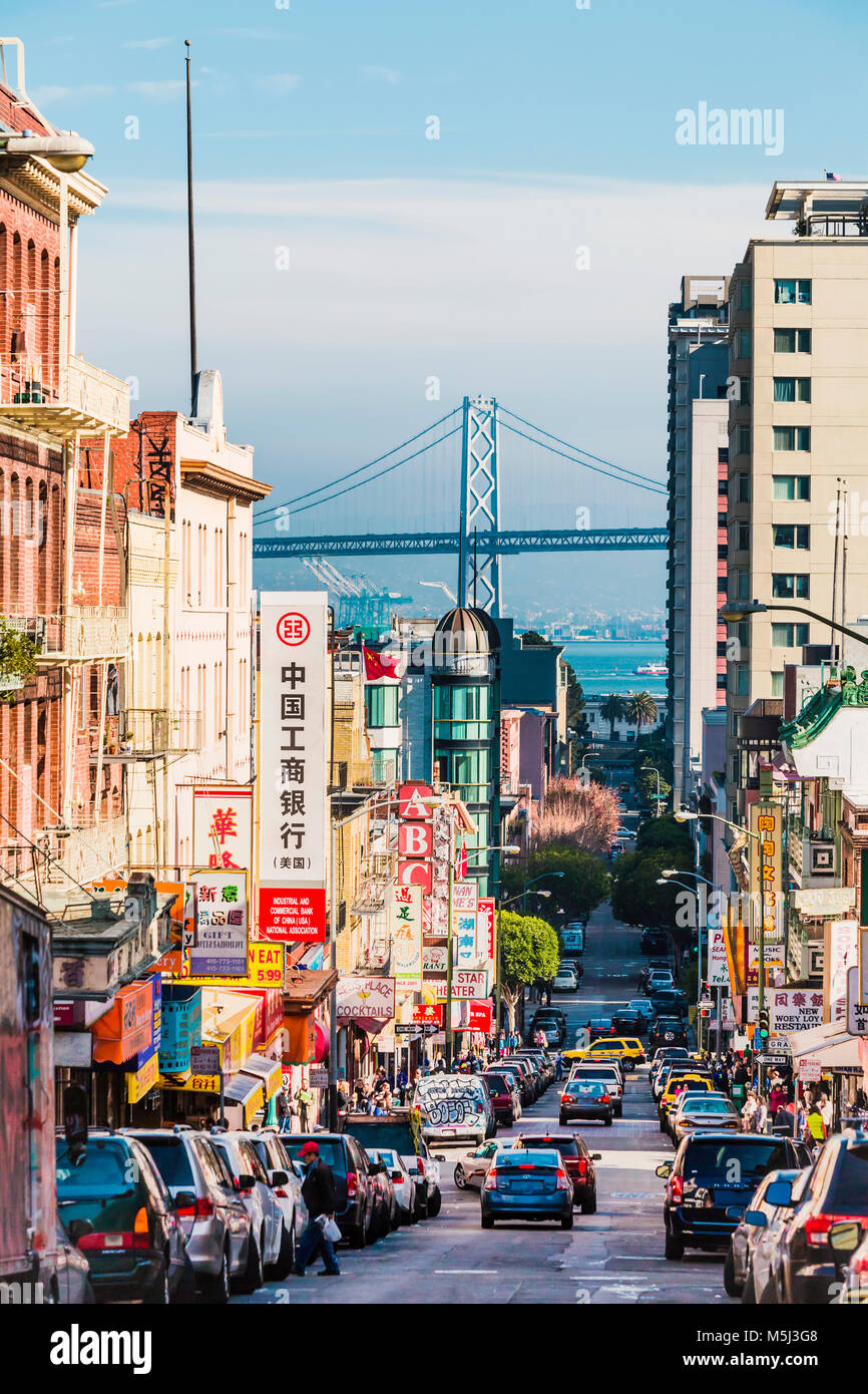 USA, California, San Francisco, Chinatown, Bay Bridge Stock Photo