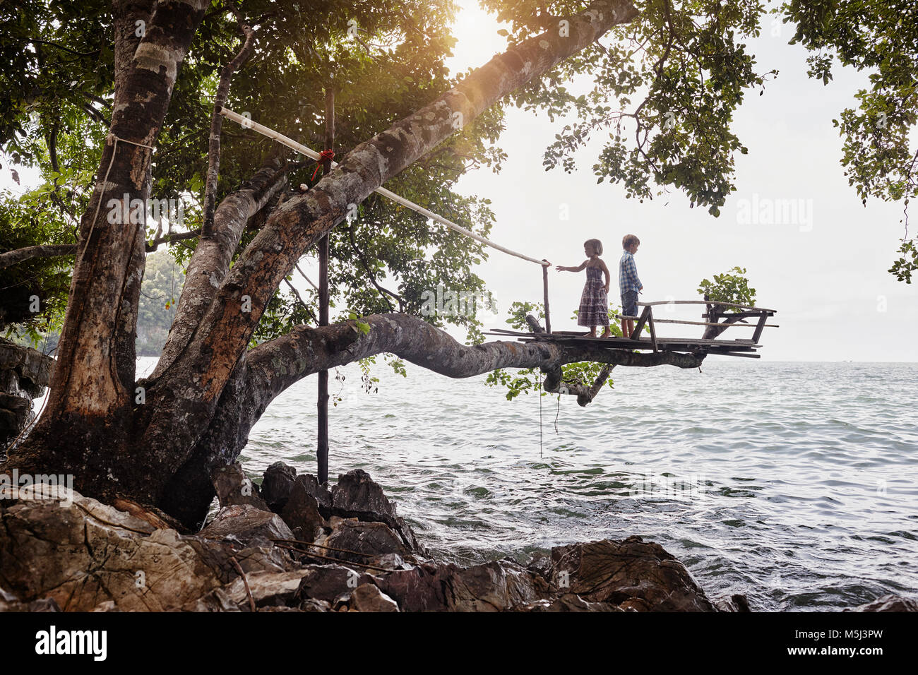 Thailand, Railay, Rai Leh East Beach, boy and little girl on tree house above the sea Stock Photo