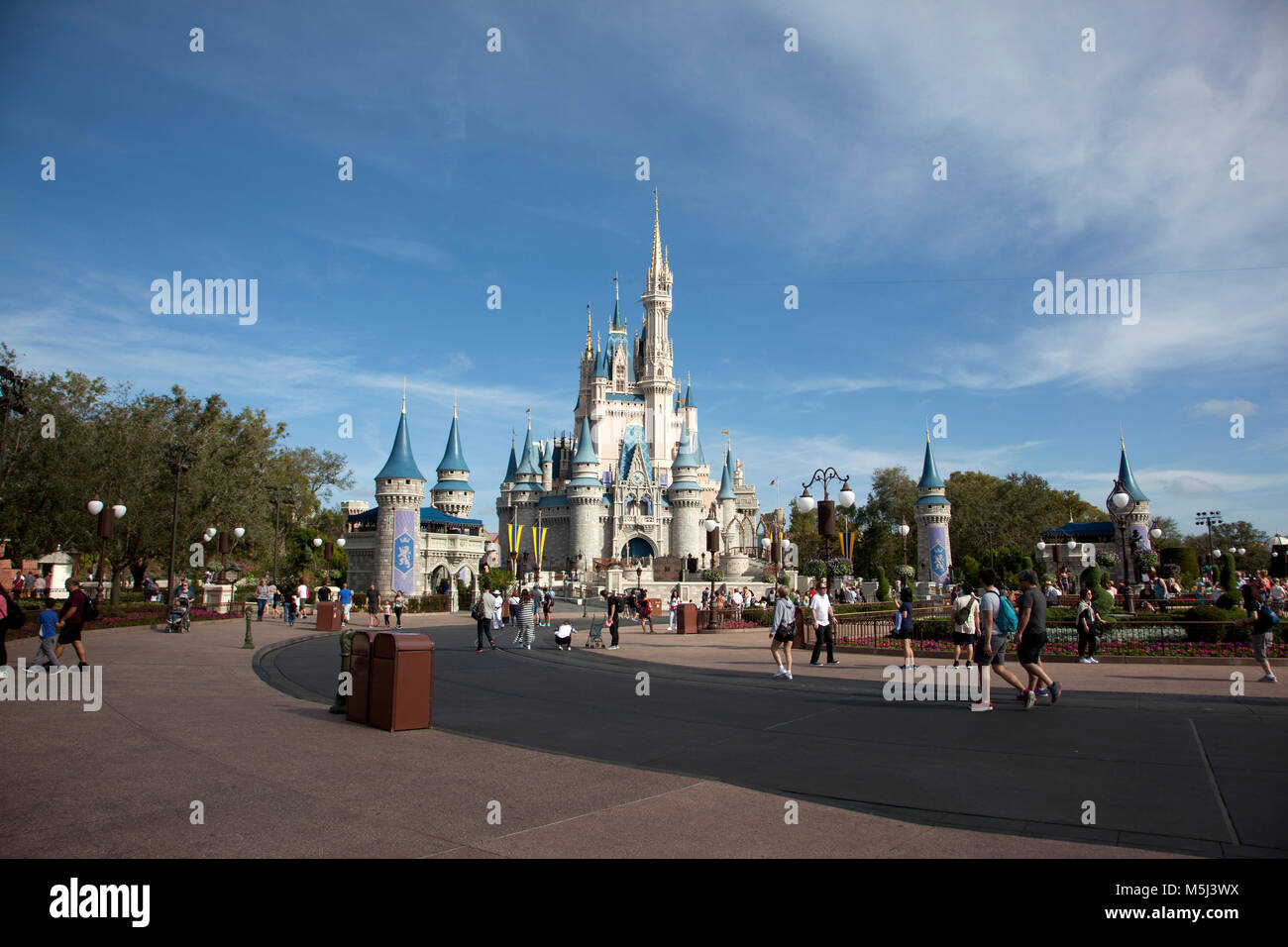 Orlando, Florida- February 7, 2018: crowds of people in front of the famous Cinderella Castle at Walt Disney World Stock Photo