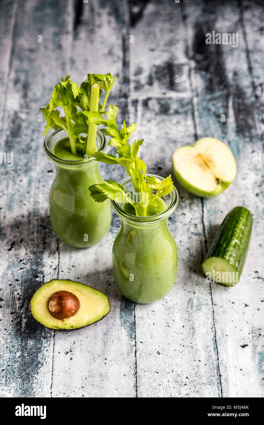 Avocado smoothie, green smoothie with cucumber, apple, celery stalk Stock  Photo - Alamy