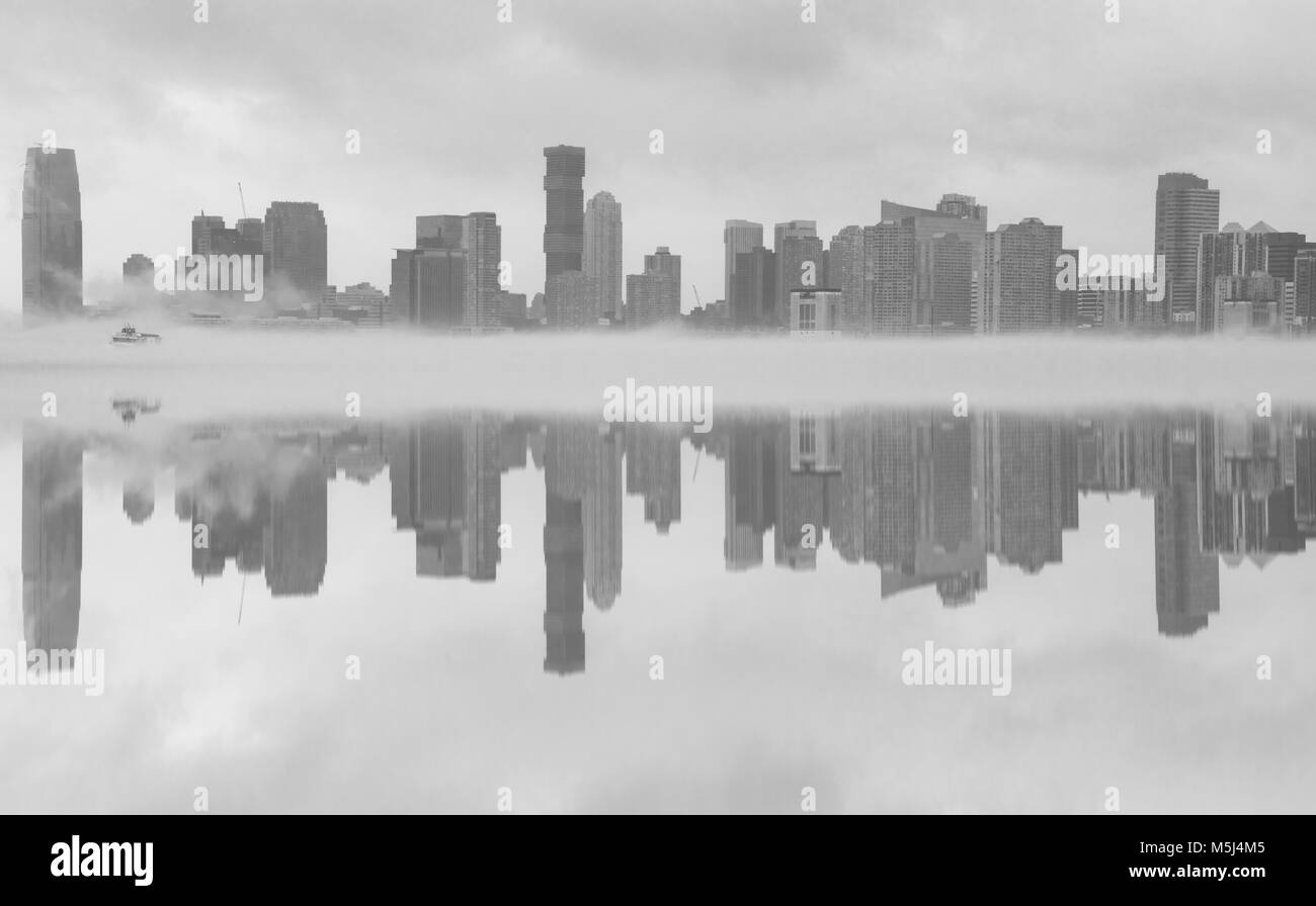 New Jersey City hidden in a fog in black and white Stock Photo
