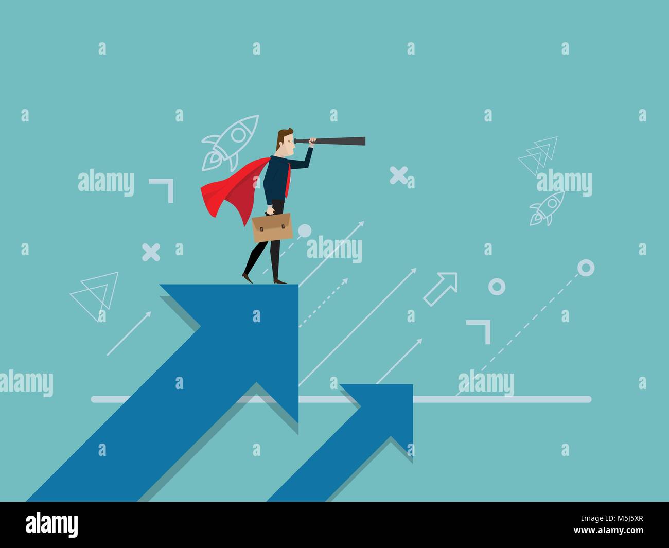 illustration of businessman with telescope standing on growth arrow ...