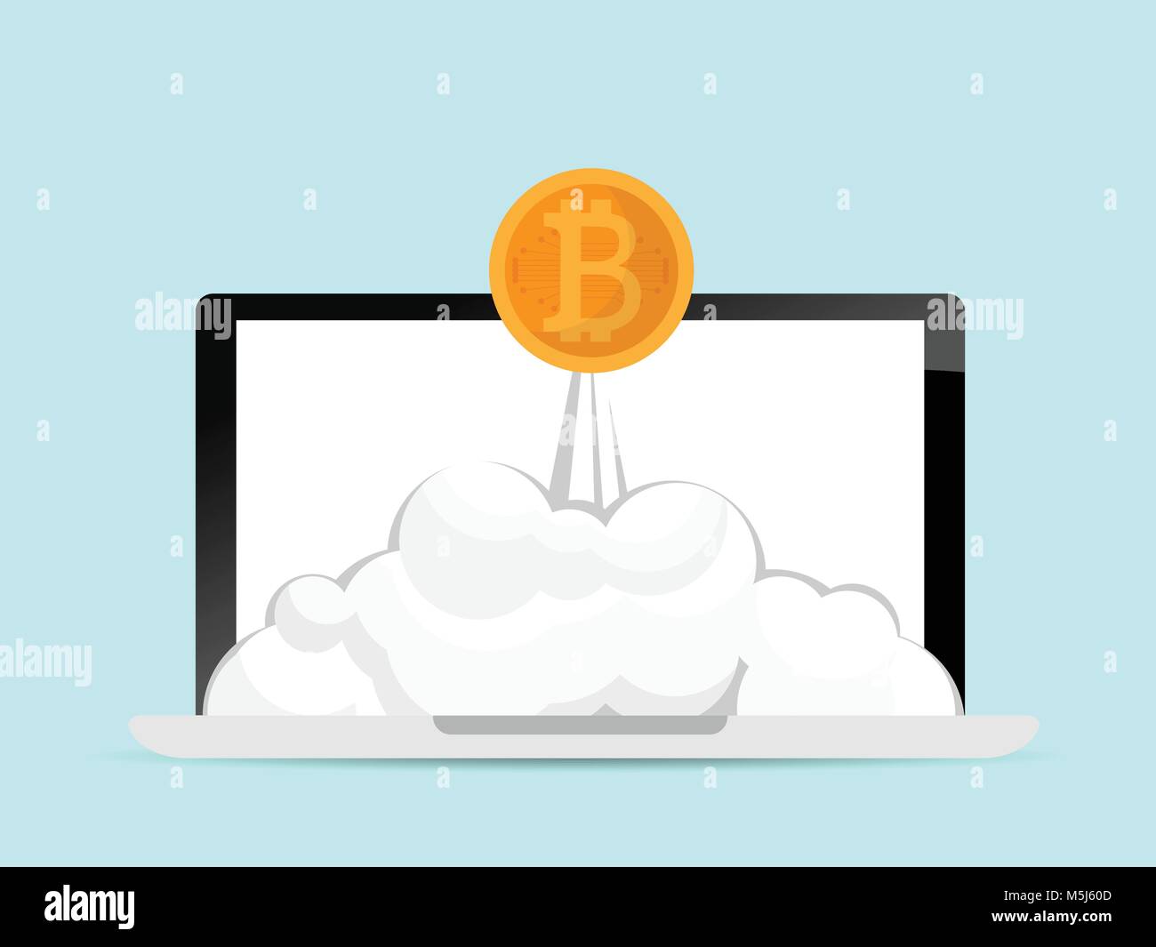 illustration of bitcoins launch from laptop cryptocurrency concept ...