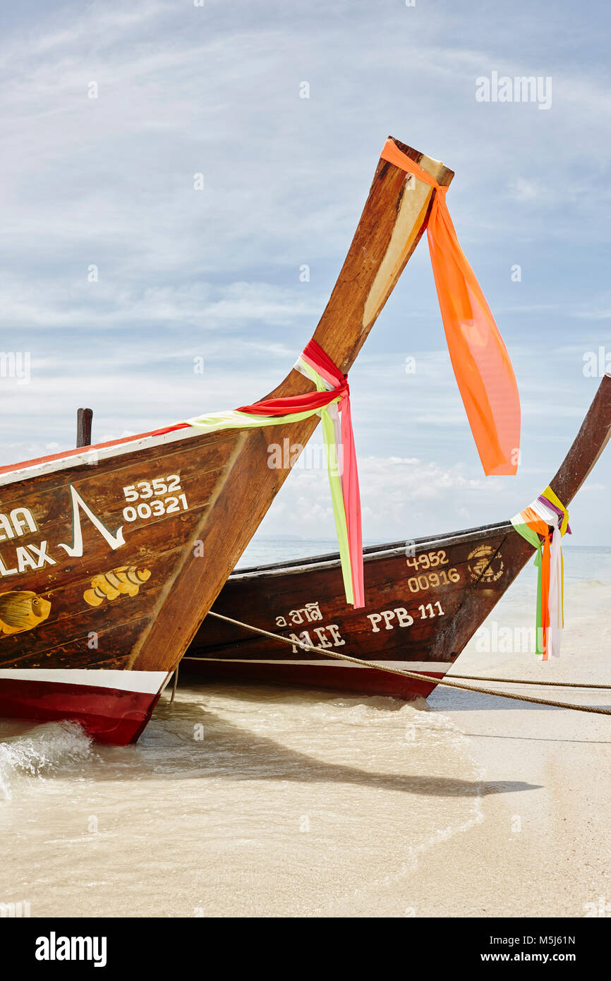 Thailand, Phi Phi Islands, Ko Phi Phi, moored long-tail boats Stock Photo