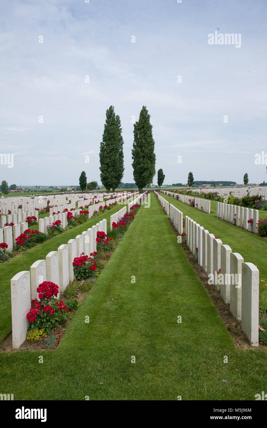 Rows of graves at Tyne Cot Military Cemetery, Leper, Belgium Stock Photo