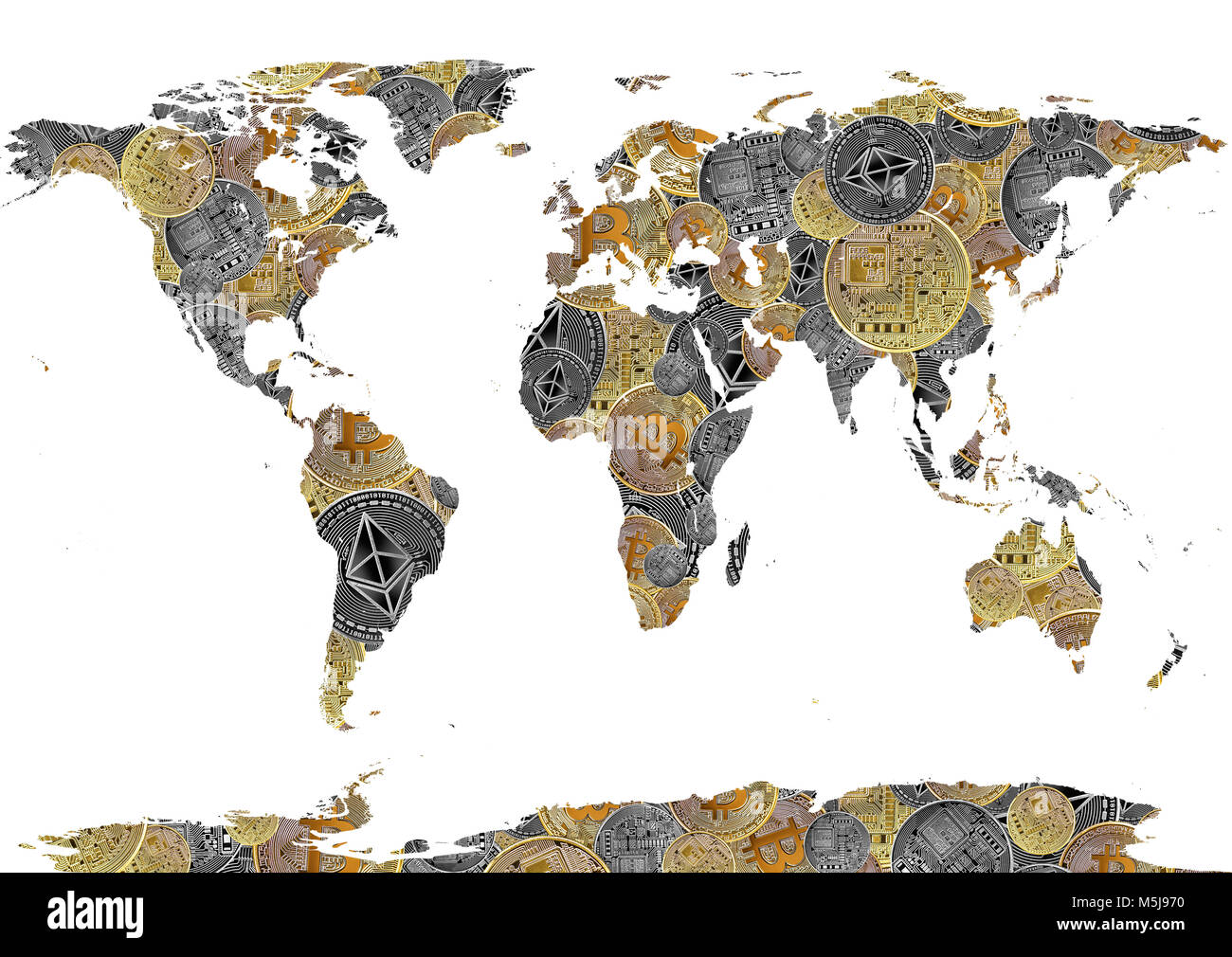 bitcoin and ethereum background world map as concept of global  cryptocurrency on white Stock Photo - Alamy