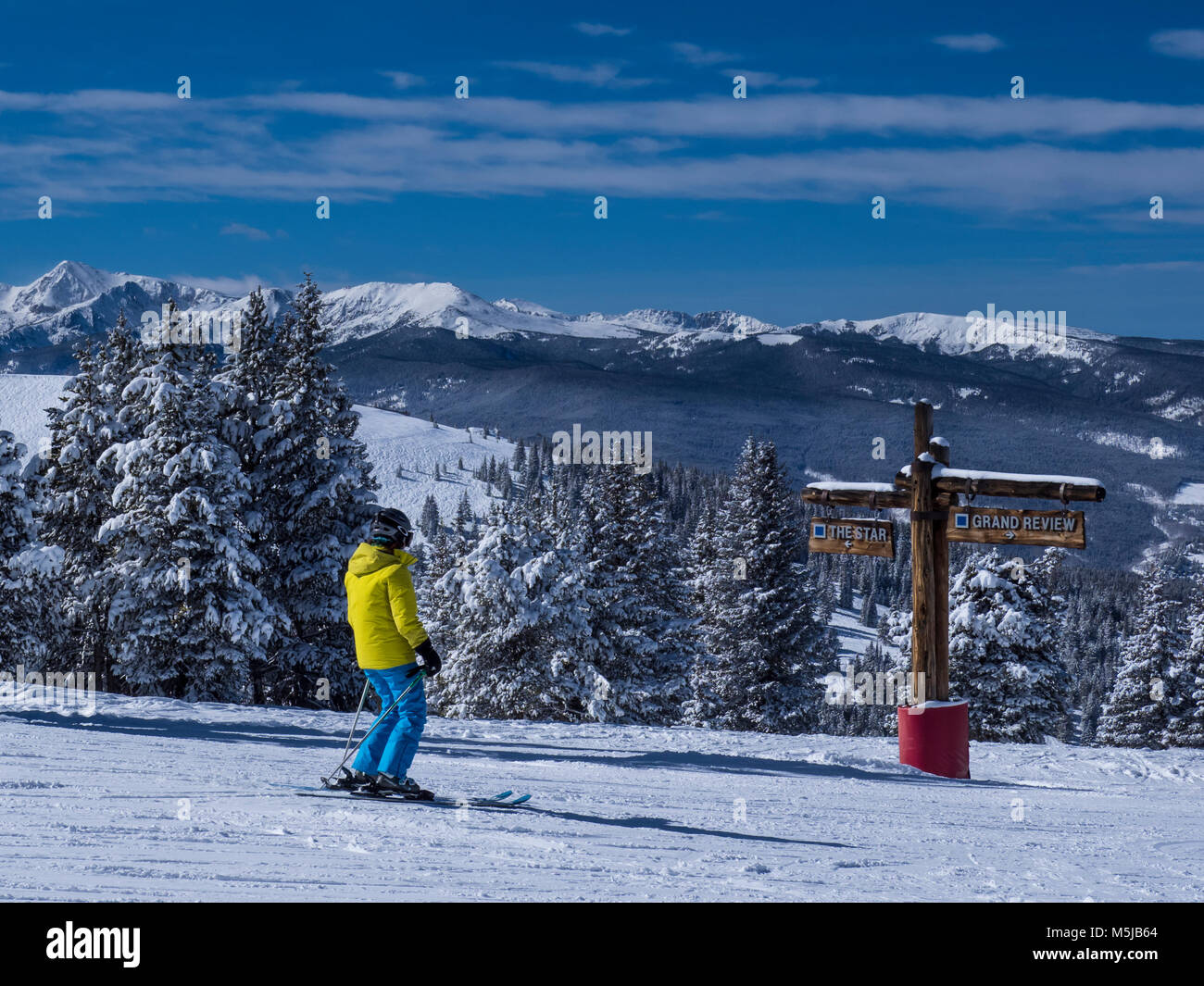 Junction of the Star and Grand Review ski trails, winter, Blue Sky
