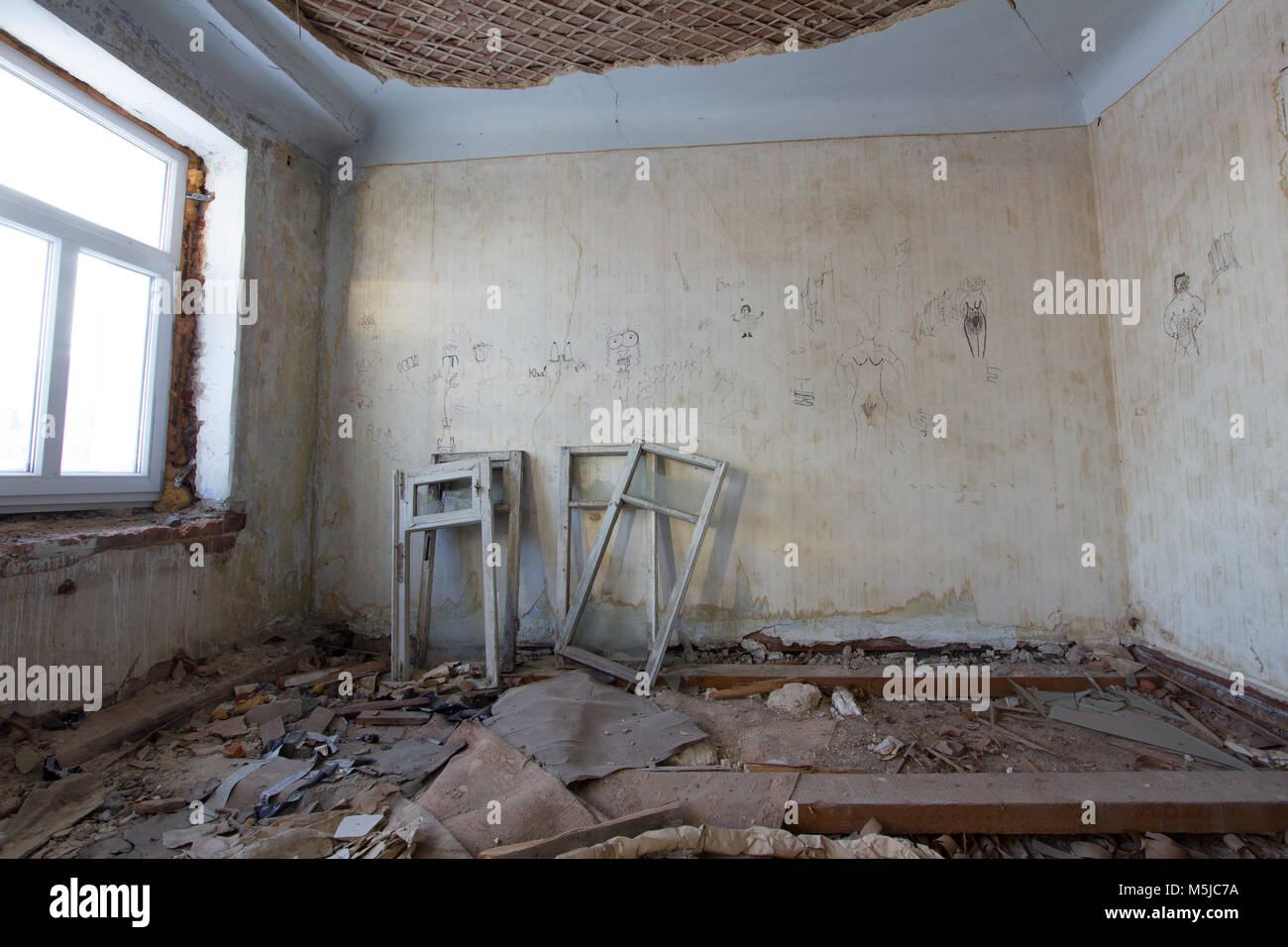 Abandoned old building - reconstruction in haunted house -  window frames Stock Photo