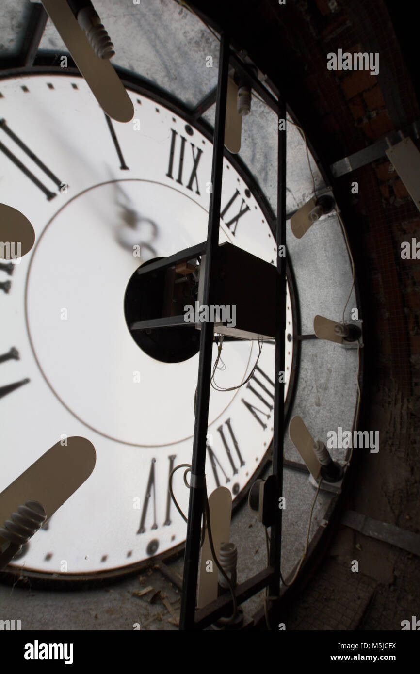 Clock face of old wall mechanism inside, vertical Stock Photo Alamy