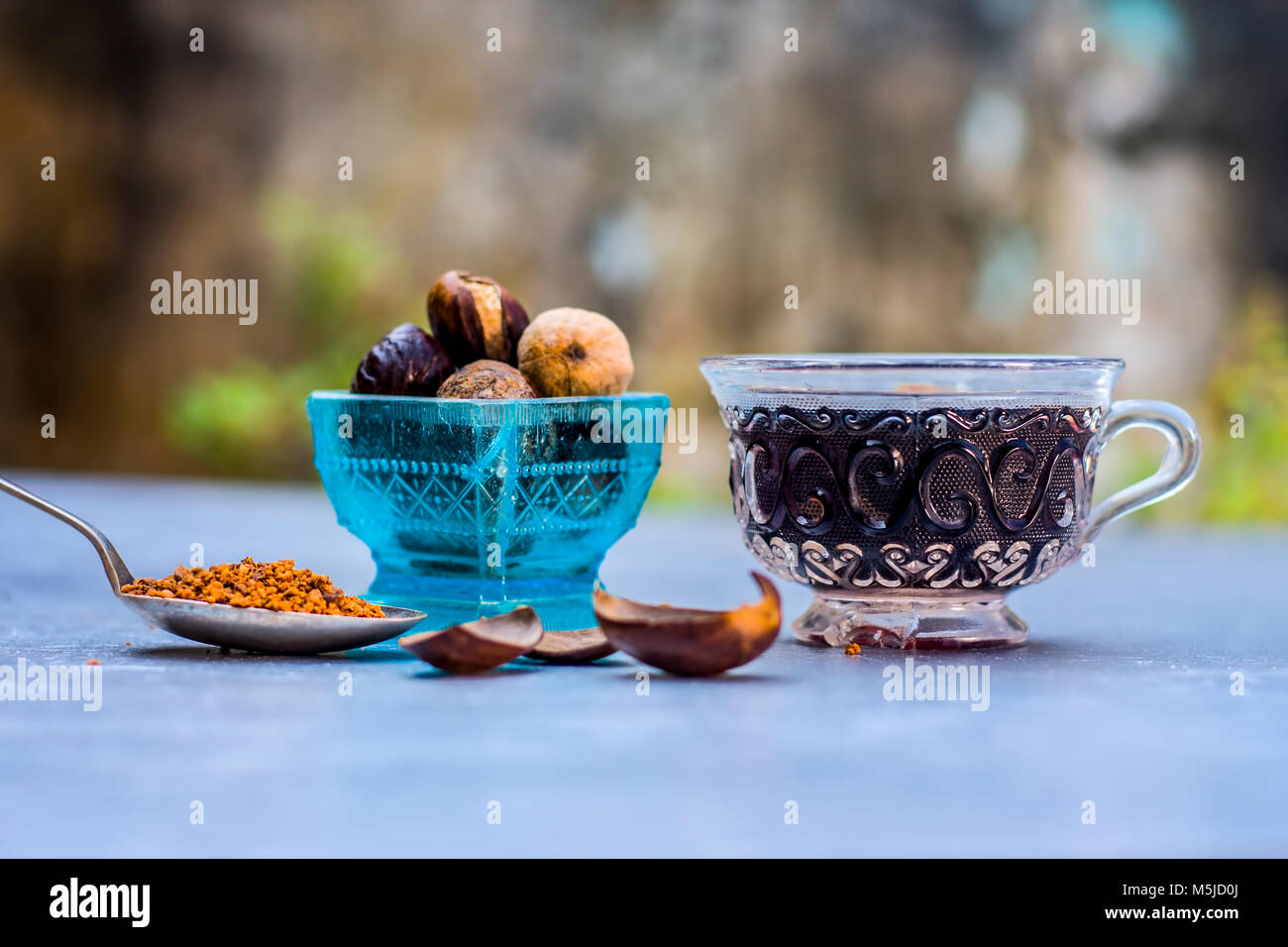 Close up of Nutmeg,Jaiphal,Myristica fragrans in a glass container with