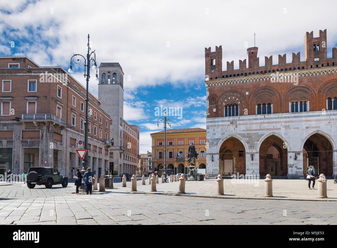 Piacenza, medieval town, Italy. City center with piazza Cavalli (square horses), palazzo Gotico (gothic palace - XIII century) Stock Photo