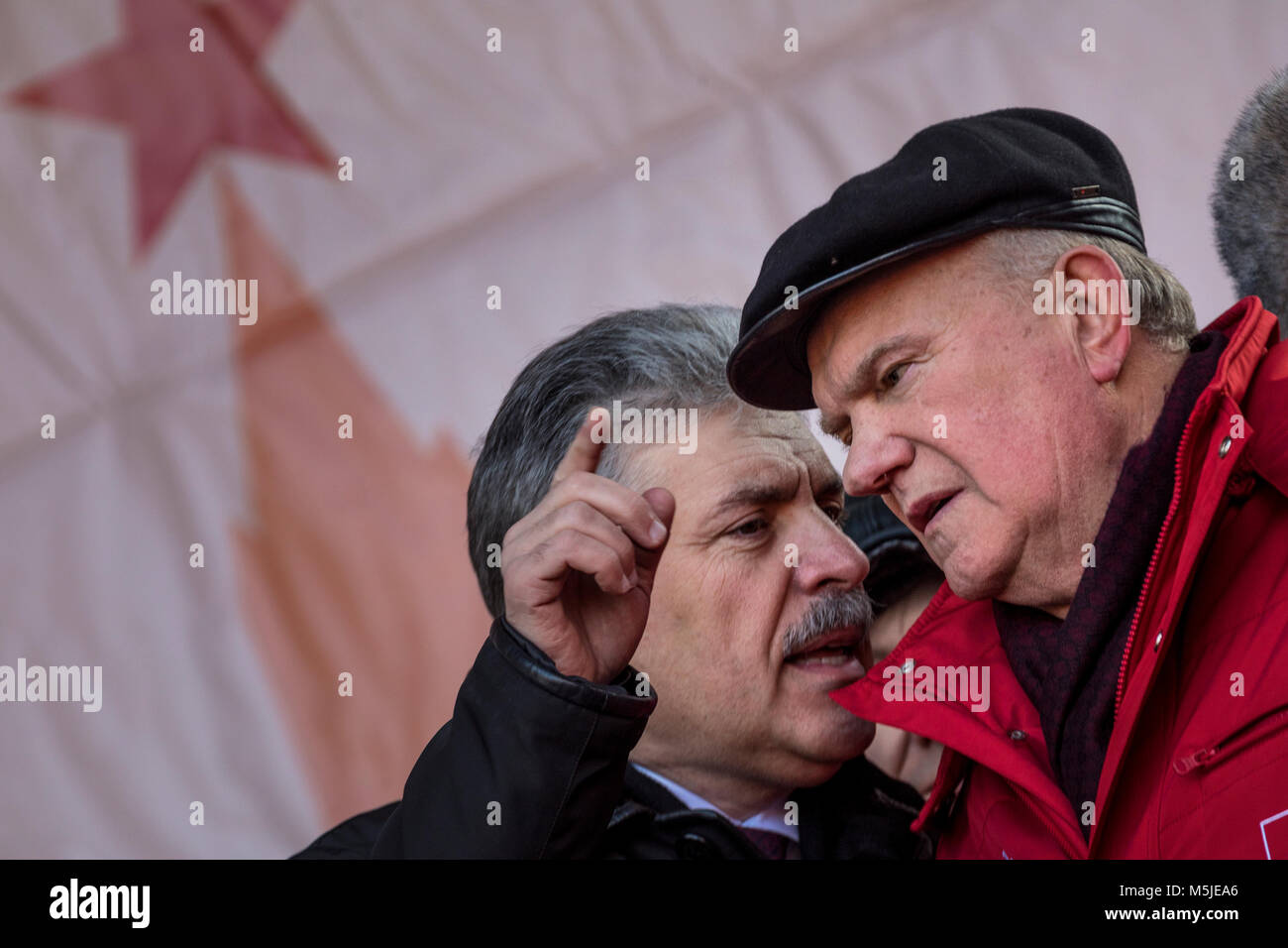 Pavel Grudinin (L), the presidential candidate for the Communist Party, and Gennady Zyuganov (R), the leader of the CPRF, during the rally of the CPRF Stock Photo