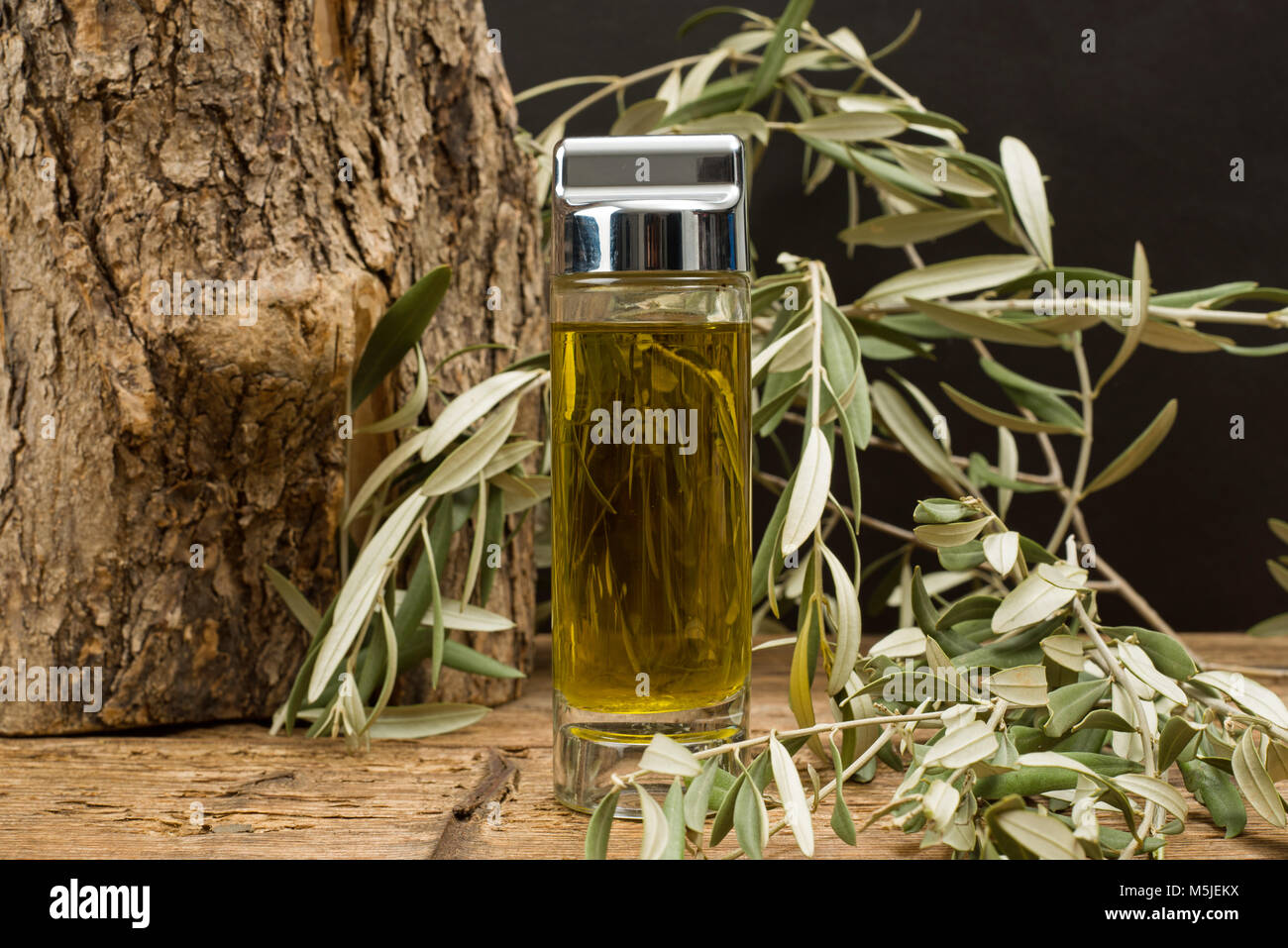 Virgin olive oil glass jar and leaves on olive tree trunk background ...