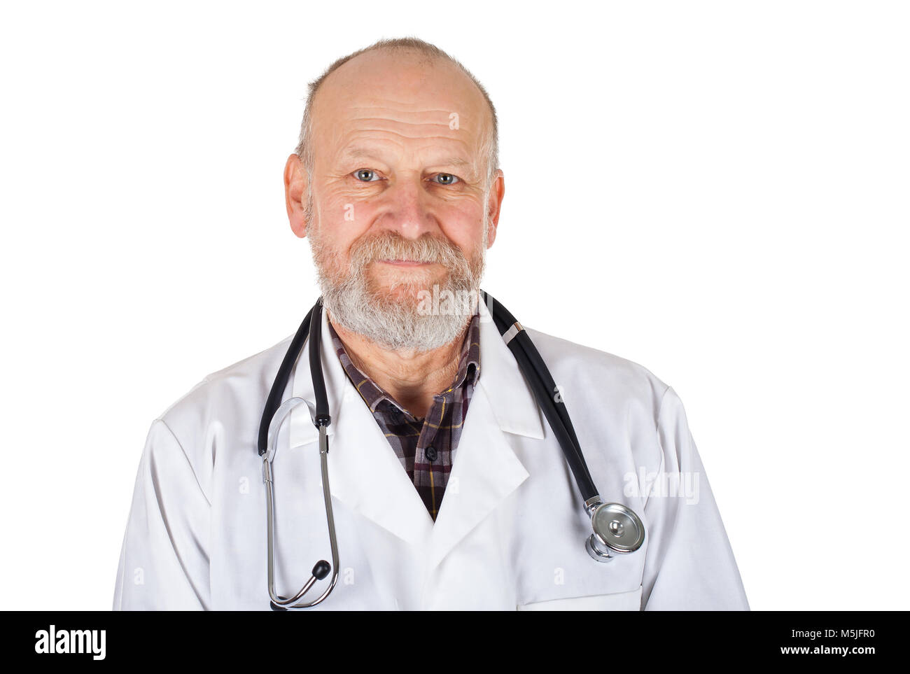 Portrait of mature medical doctor with white coat and stethoscope on ...