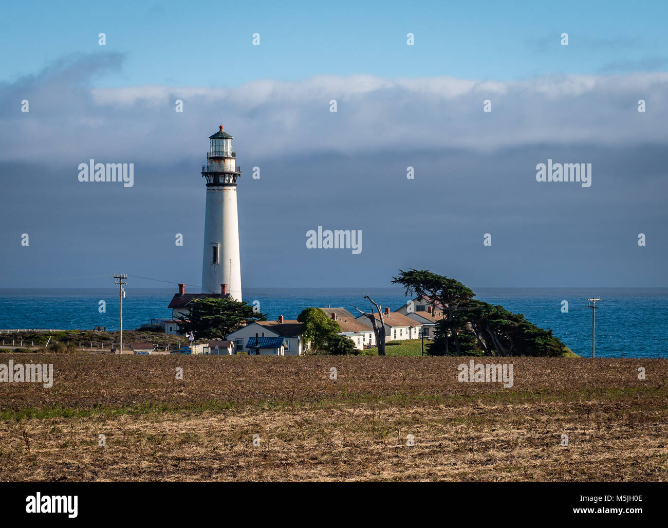 Located on the coastal highway (State Route 1), Pigeon Point Lighthouse is the tallest lighthouse on the West Coast, in USA. Built in 1871. Stock Photo