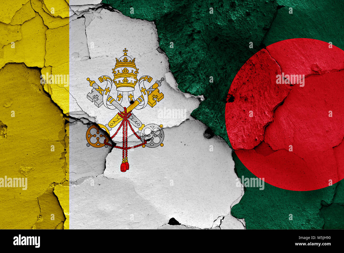 flag of Vatican and Bangladesh painted on cracked wall Stock Photo