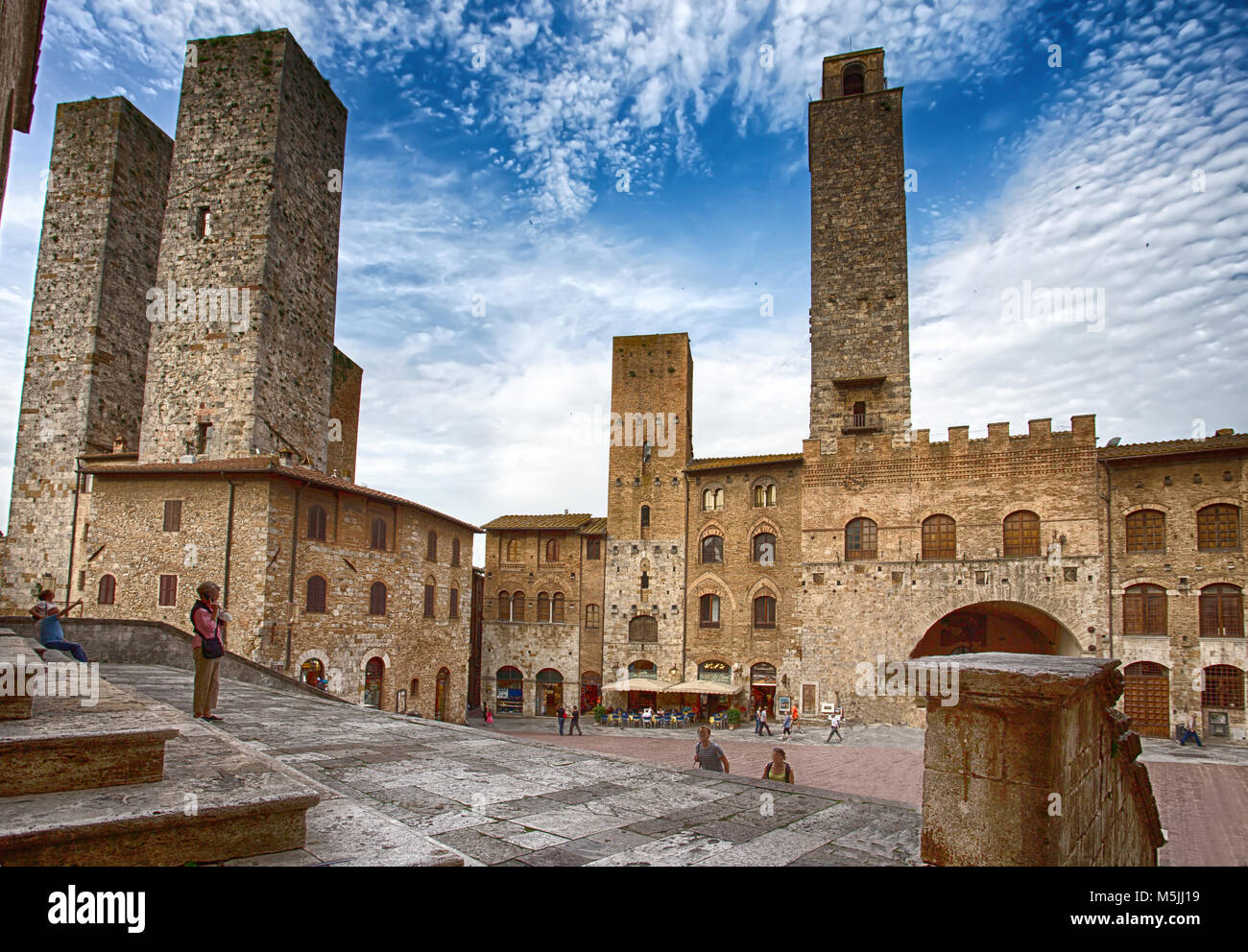 Panoramic view of famous Piazza del Duomo in San Gimignano , Siena