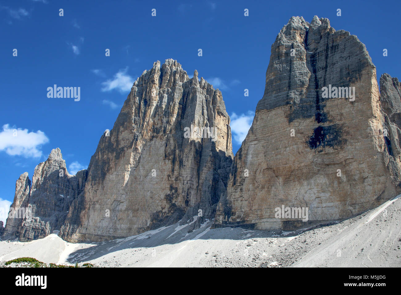 Tre Cime (Three Peaks) di Lavaredo (Drei Zinnen) , are three of the most famous peaks of the Dolomites, in the Sesto Dolomites, Italy, Europe Stock Photo