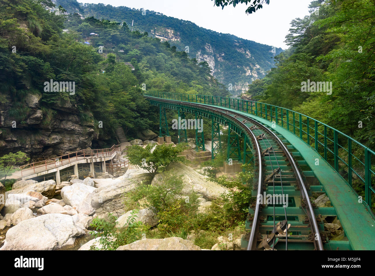 The tram takes you to the top of the Three-Steps Waterfall at Lu Shan, Mt. Lushan Global Geopark, Jiujiang, Jiangxi Province, China. Stock Photo