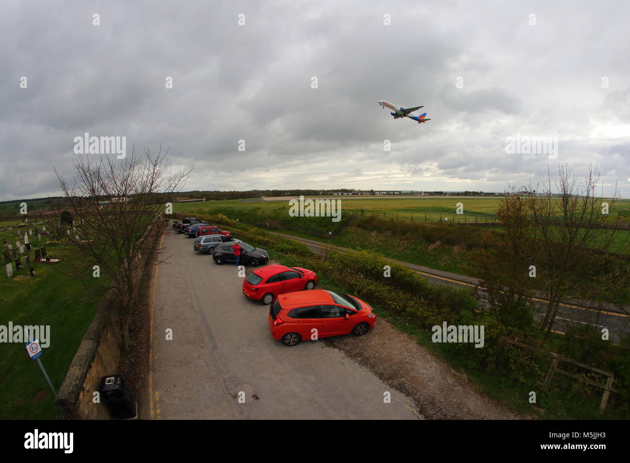 Leeds Bradford Airport plane spotting viewing area on cemetery road. Stock Photo