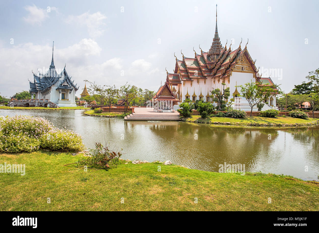 SAMUT PRAKAN, THAILAND, MARCH, 6, 2017 - Dusit Maha Prasat Palace (The Grand Palace) and Sanphet Prasat Palace of Ayutthaya in Ancient City Park, Muan Stock Photo