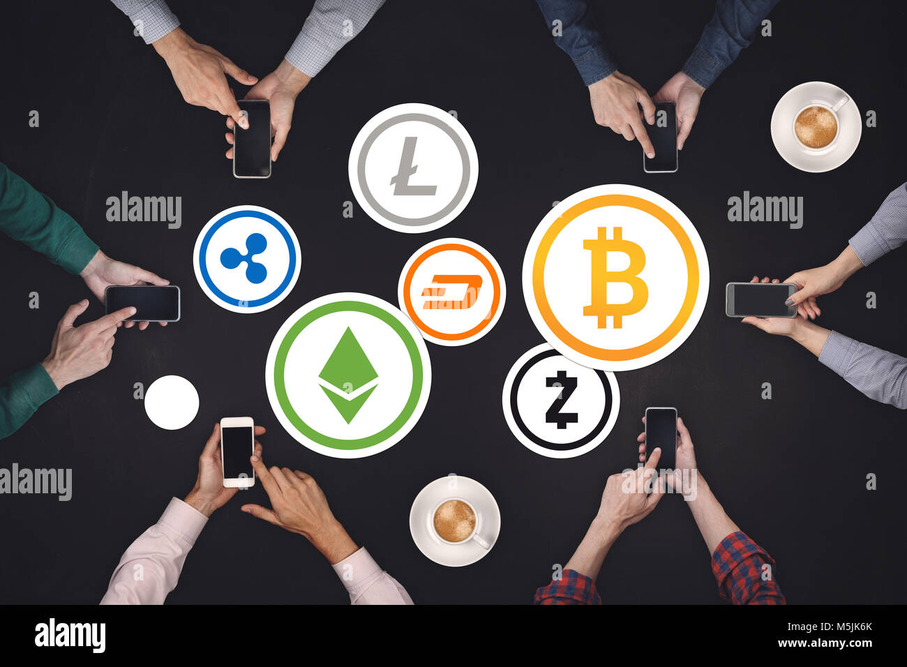 Teamwork concept. Six creative people working cryptocurrency Icon Concept.  Bitcoin, Ethereum, Ripple, Dash, Litecoin Zcash Stock Photo - Alamy