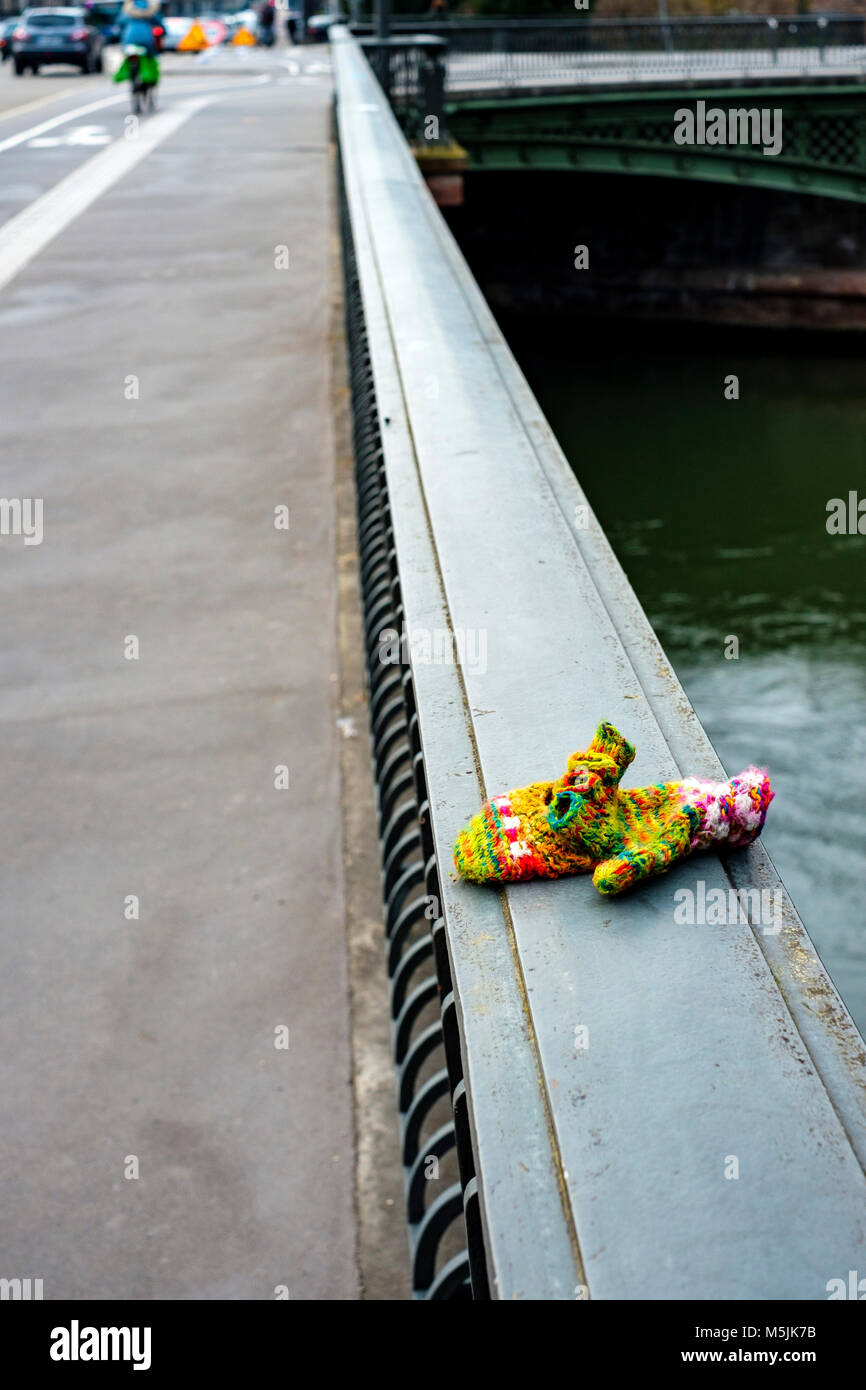 Lost woollen gloves on bridge parapet, Strasbourg, Alsace, France, Europe, Stock Photo