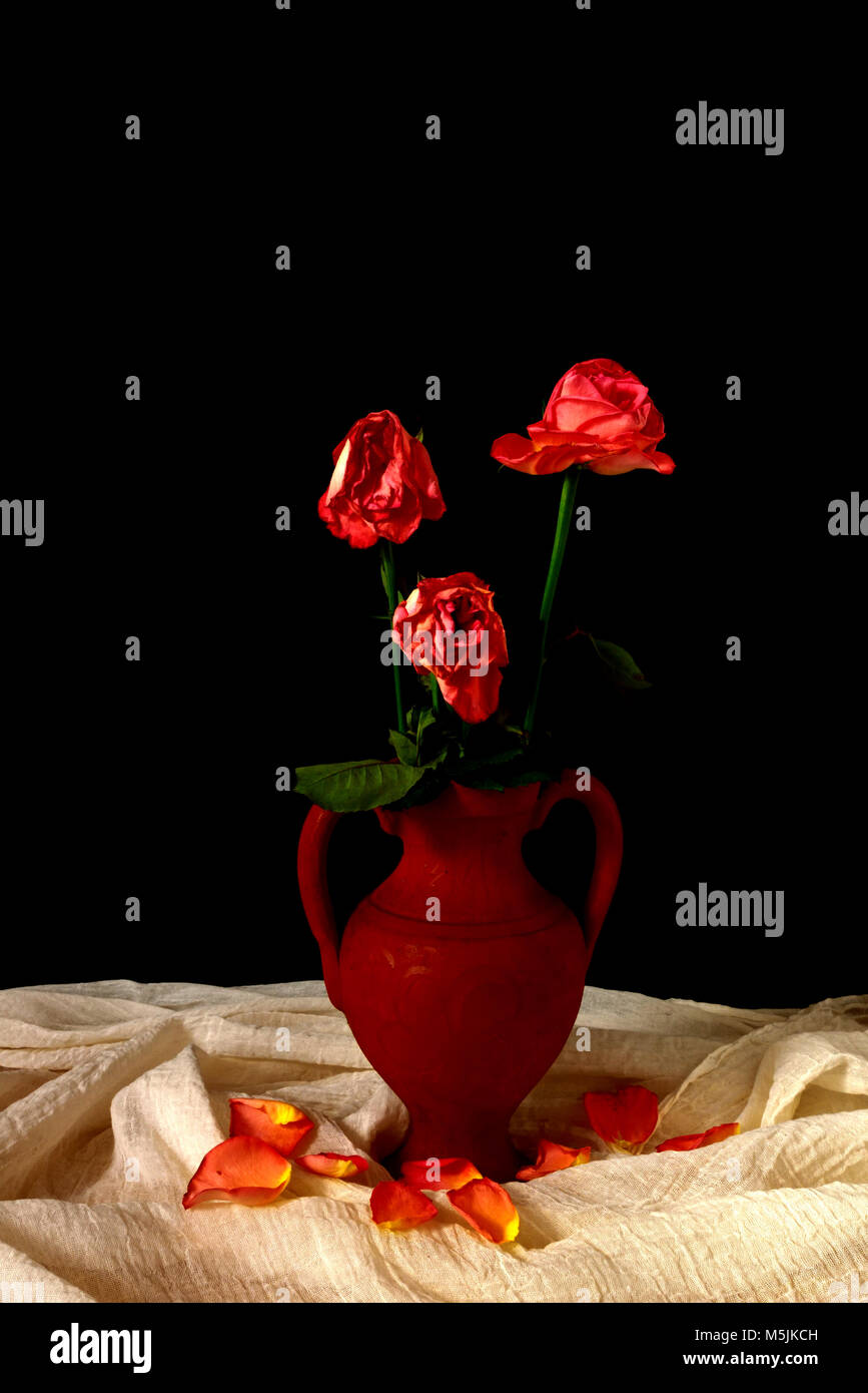 Three dying roses in a terracotta vase, set on a muslin cloth strewn
