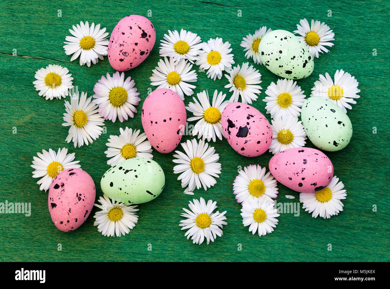 Easter background with colorful eggs and spring flowers Stock Photo