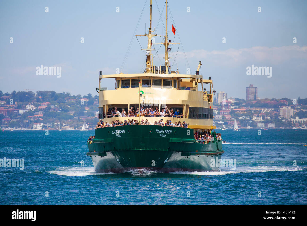 Sydney ferry Narrabeen, freshwater class ferry, approaching Manly Wharf in Sydney,Australia Stock Photo