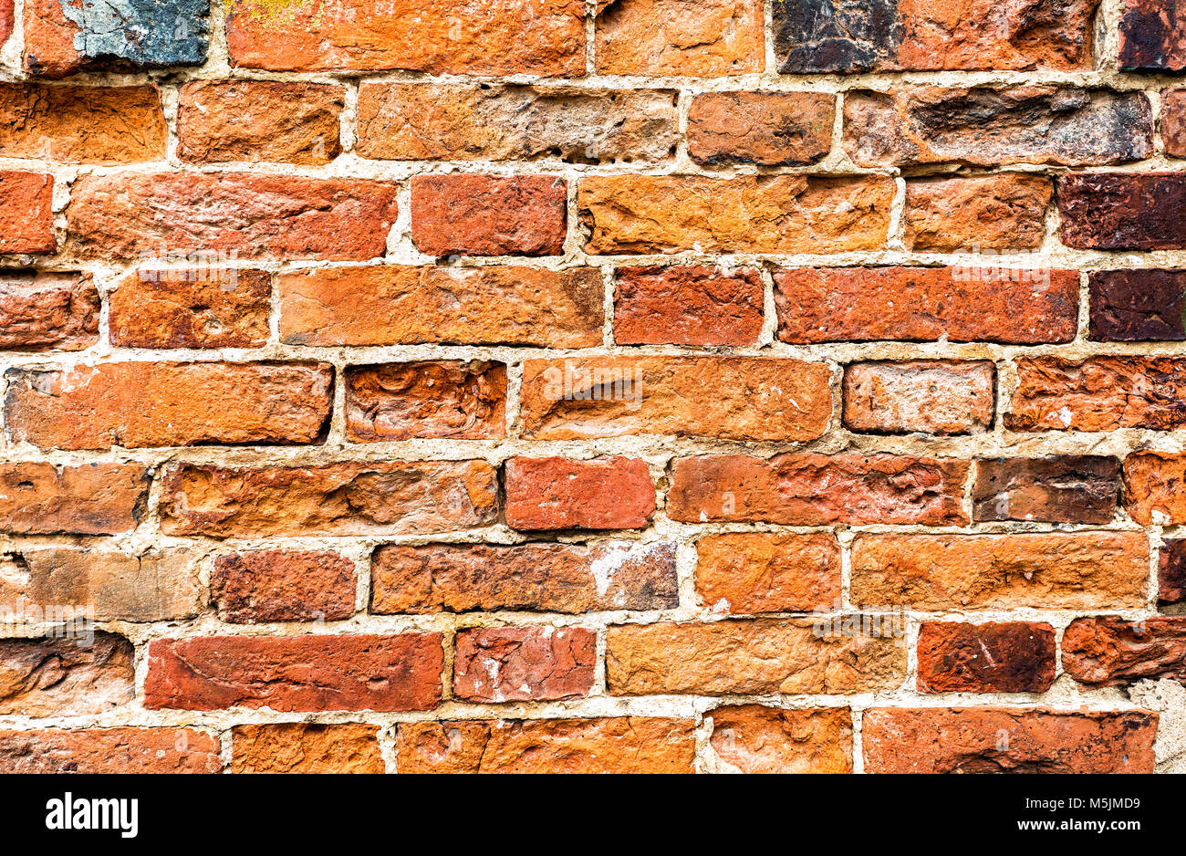 Weathered old red brick wall as background texture Stock Photo