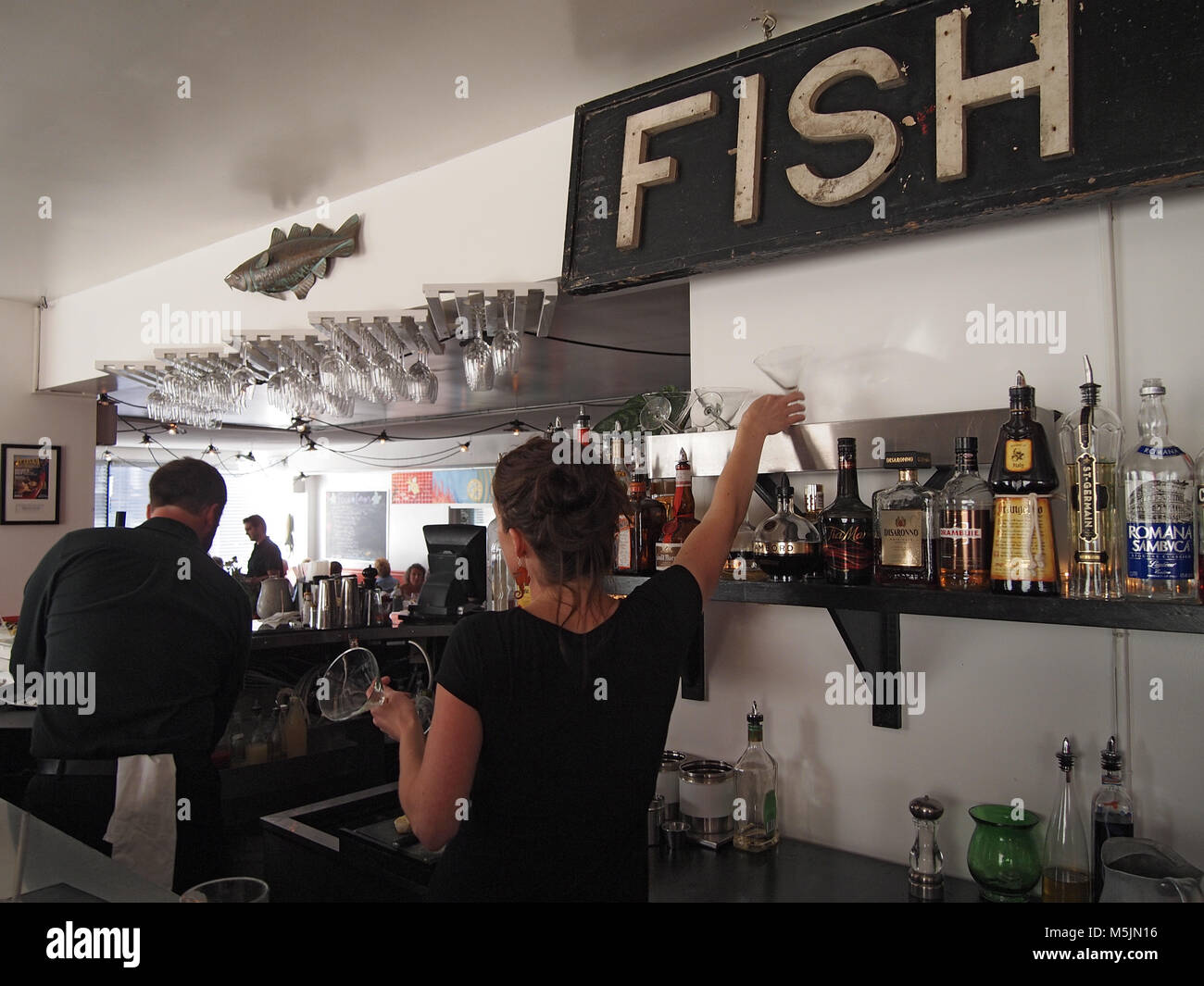 Bartender at work at Jumpin Jays Fish reataurant in Portsmouth New Hampshire. Stock Photo
