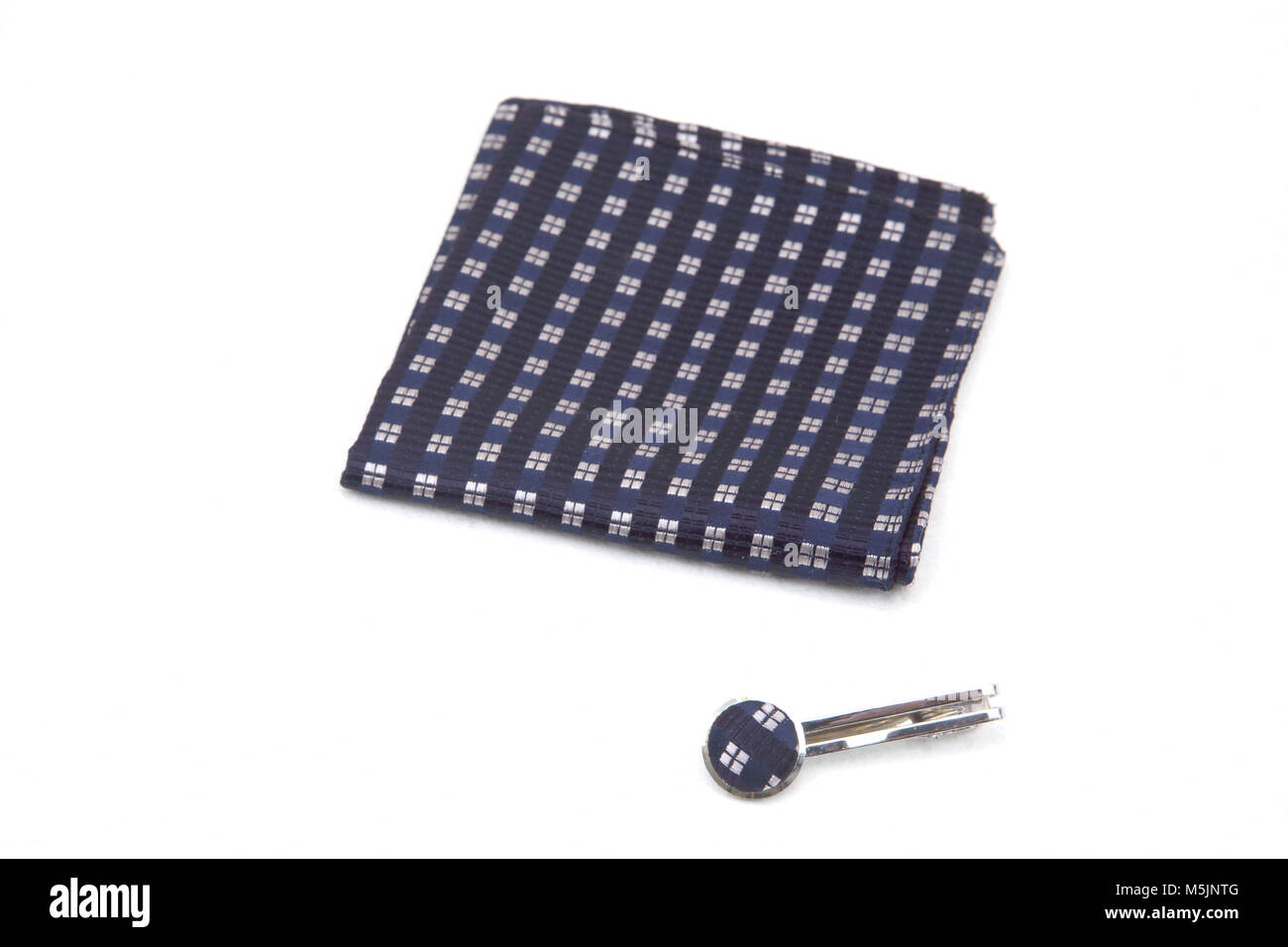 Silk Checked Blue Handkerchief and Matching Tie Pin Stock Photo
