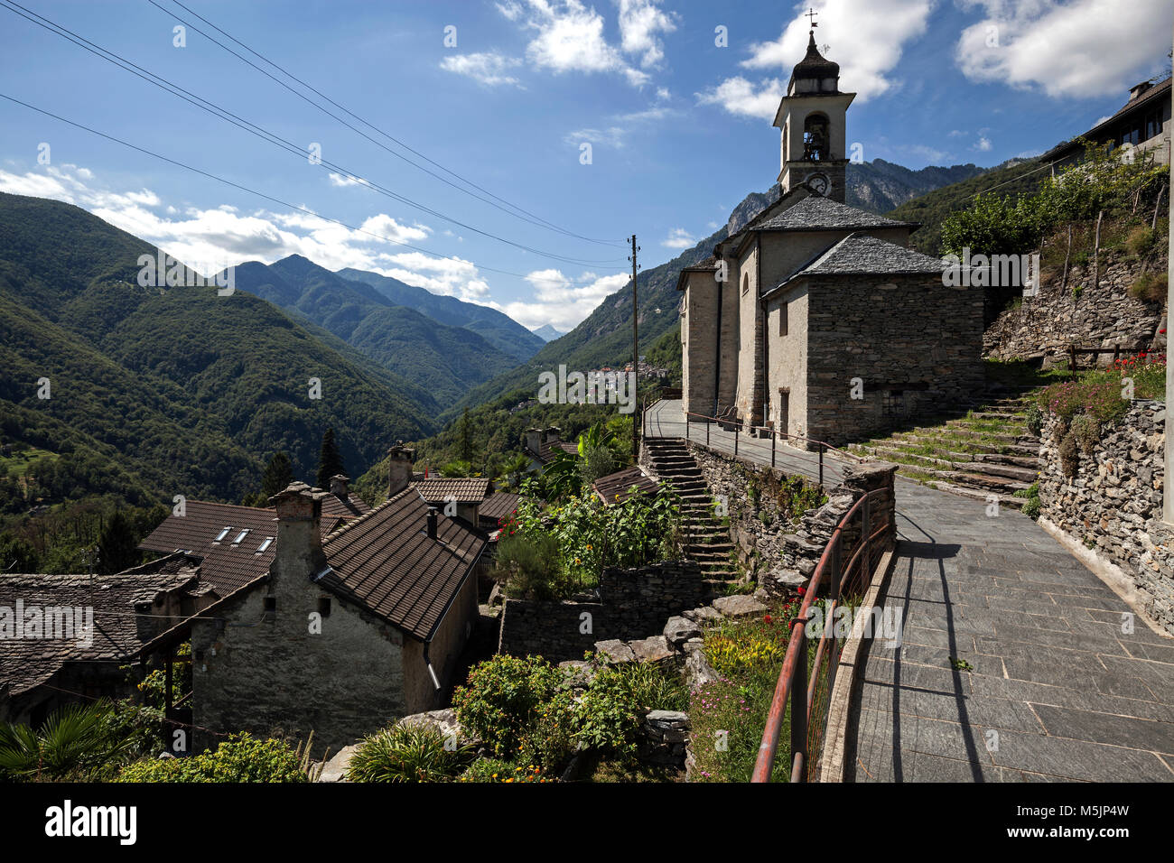 View of the mountain village Isorno with church,Isorno,Onsernone Valley,Canton Ticino,Switzerland Stock Photo