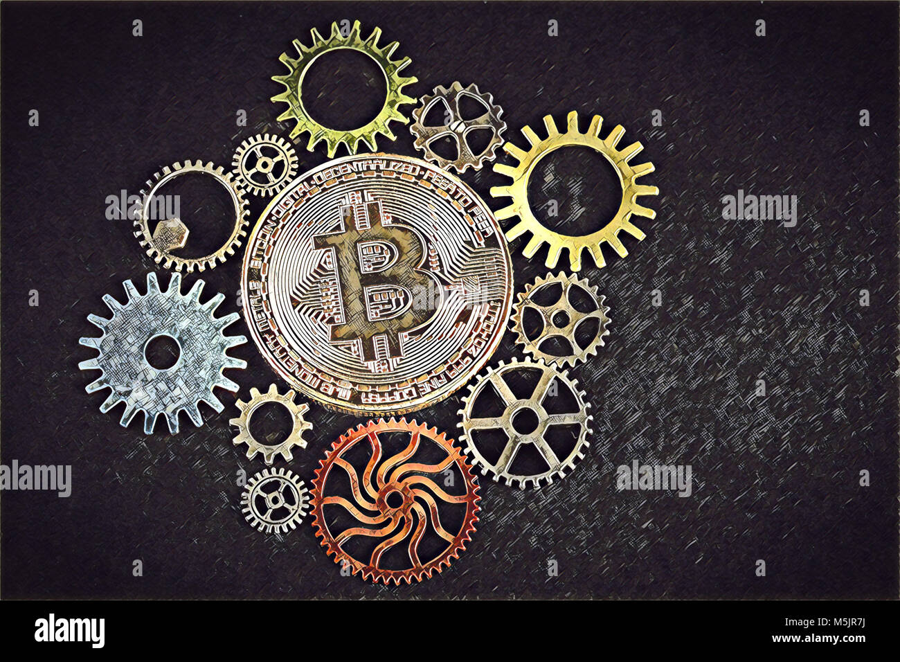 Digital drawing of golden bitcoin among colorful cog wheels with copy ...
