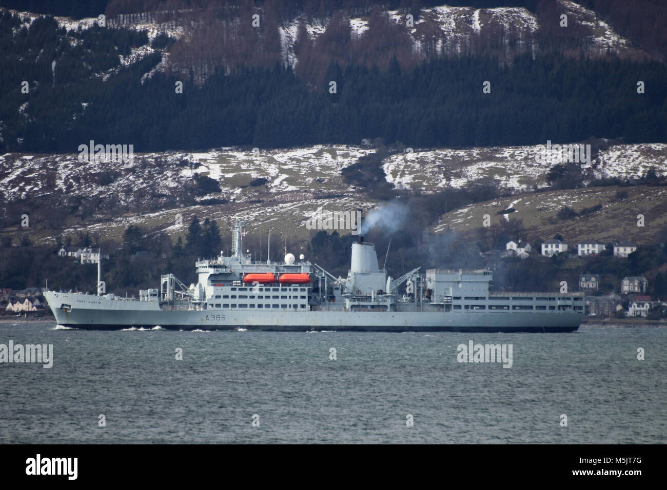 RFA Fort Austin (A386), a Fort Rosalie-class (or Fort-class) fleet replenishment vessel operated by the Royal Fleet Auxiliary, off the Ayrshire coast. Stock Photo