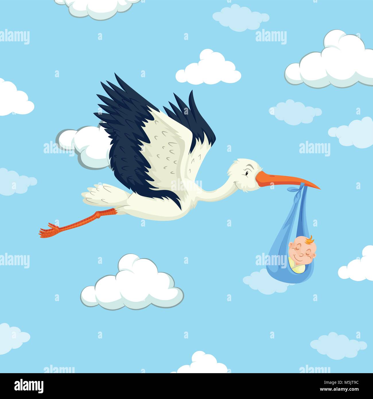 Stork delivering baby boy illustration Stock Vector