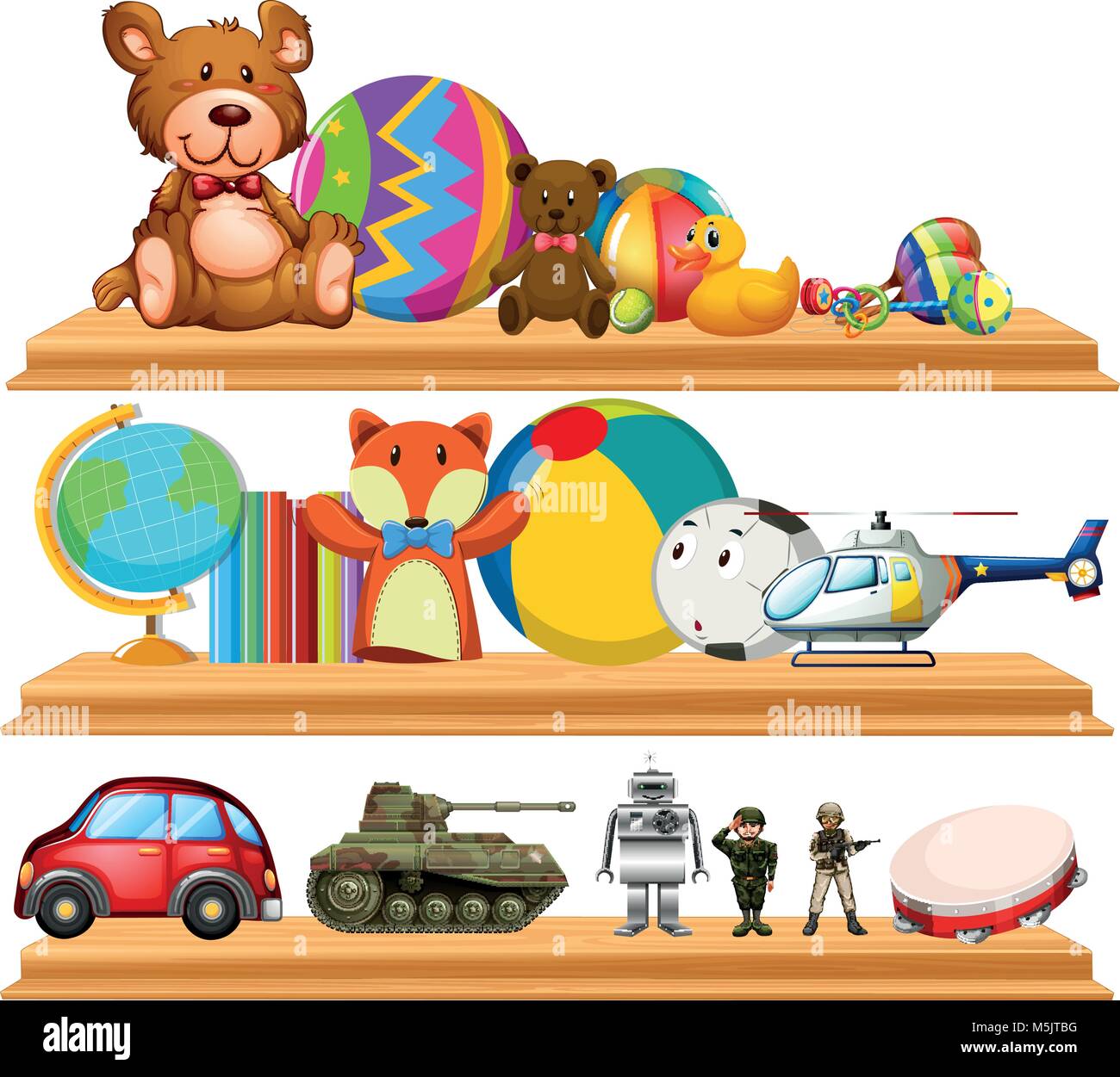 Many cute toys on wooden shelves illustration Stock Vector Image & Art ...