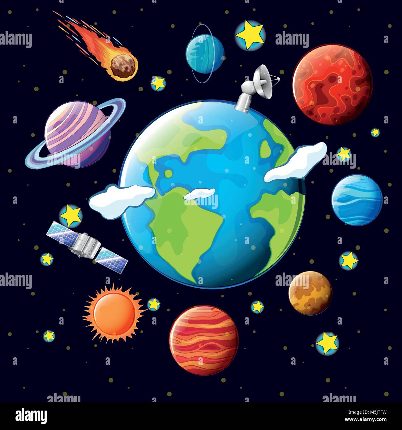 Planets and satellites around the earth illustration Stock Vector