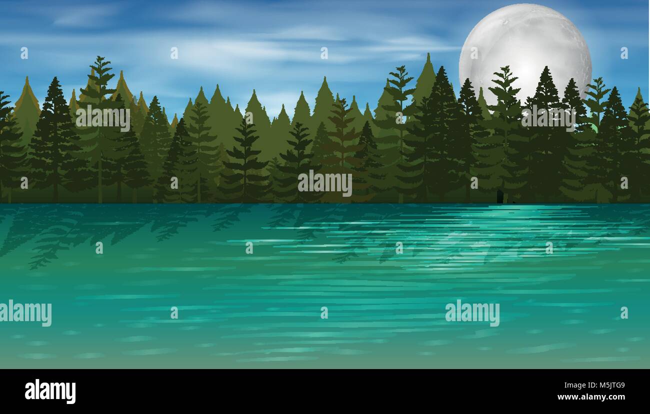 Background scene with pine trees by the lake illustration Stock Vector ...