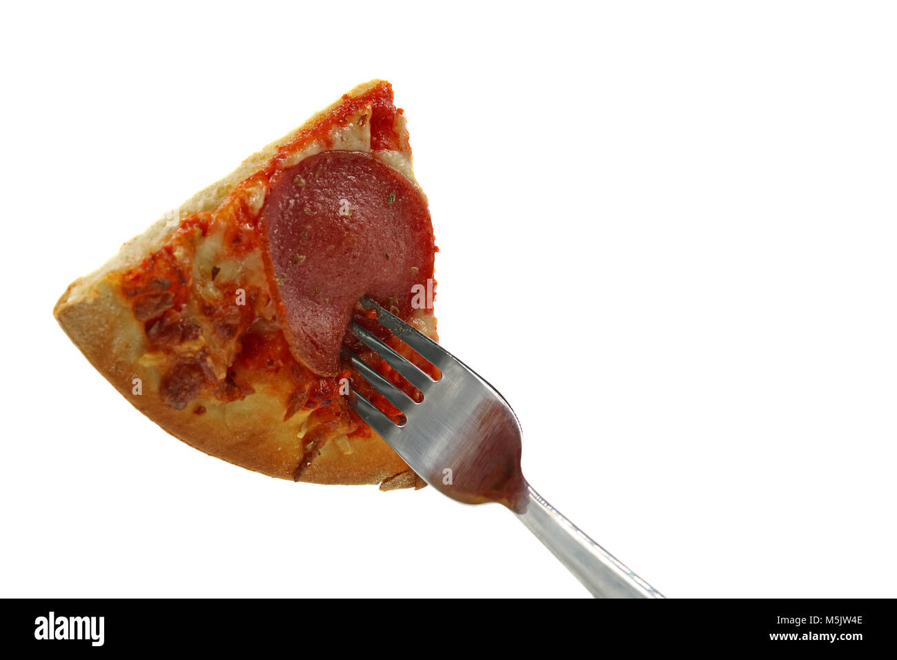 a piece of pizza skewered on fork isolated on white Stock Photo