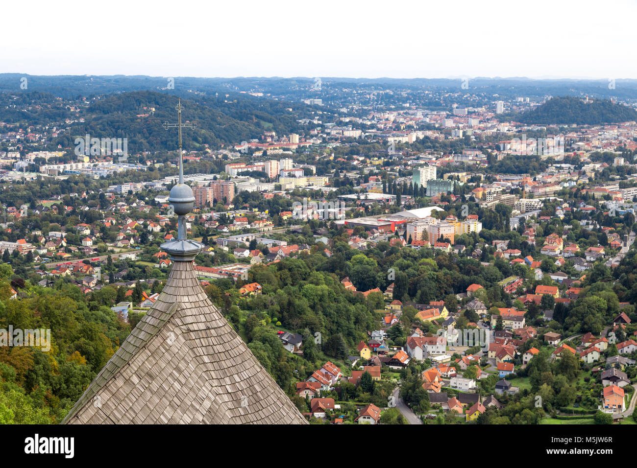 View of Upper Graz from old castle tower ruins named Gosting in Graz ...