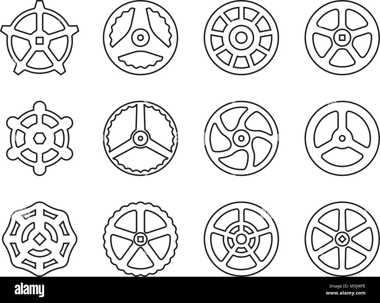 Hand wheel icon set. Vector line icon. illustration of machinery equipment for adjustment and operation Stock Vector
