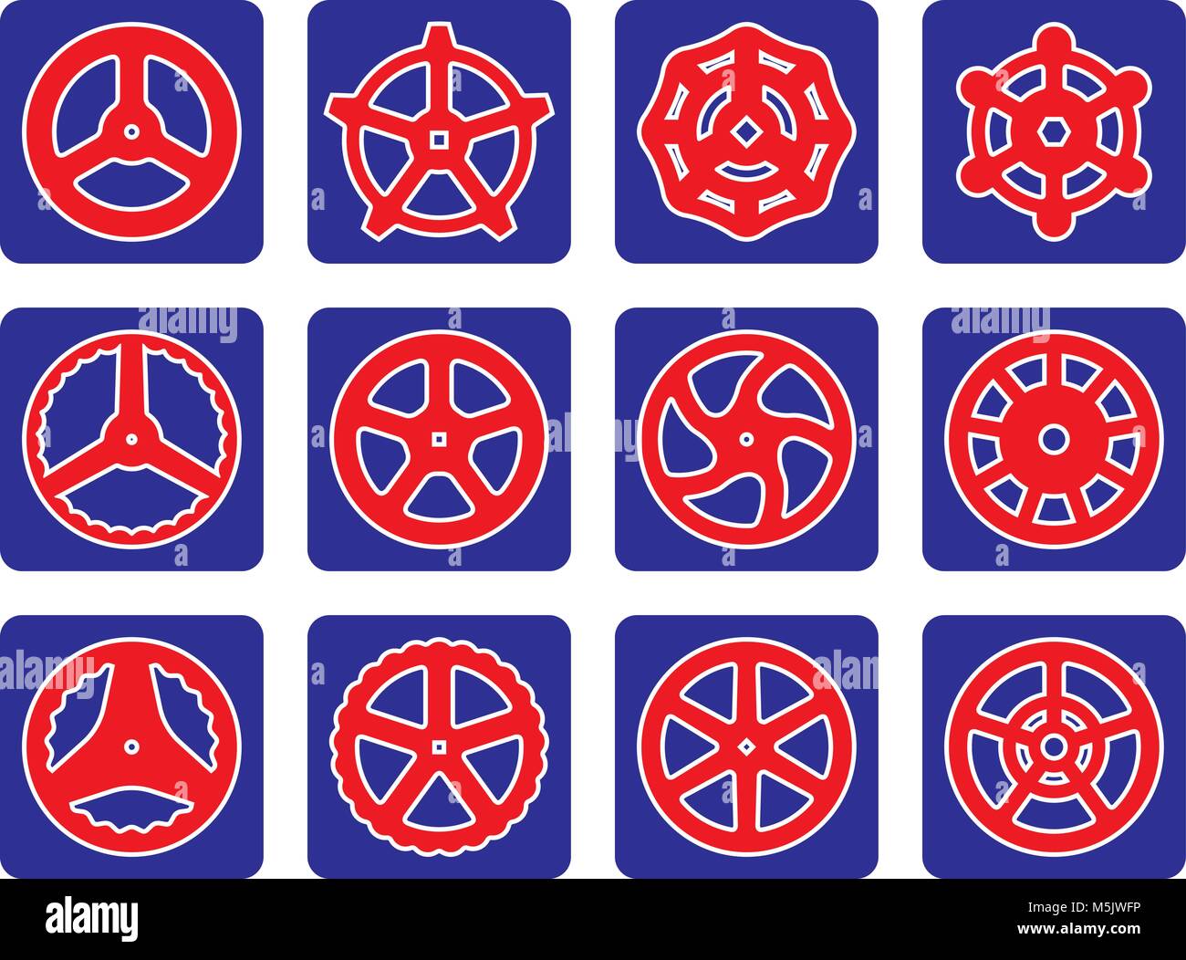 Hand wheel vector icon set on blue backgrounds. illustration of machinery equipment for adjustment and operation Stock Vector