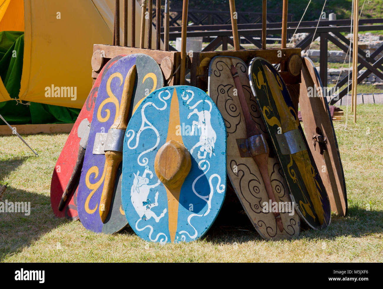 Set of ancient gallic battle shields at a historical reenactment Stock Photo